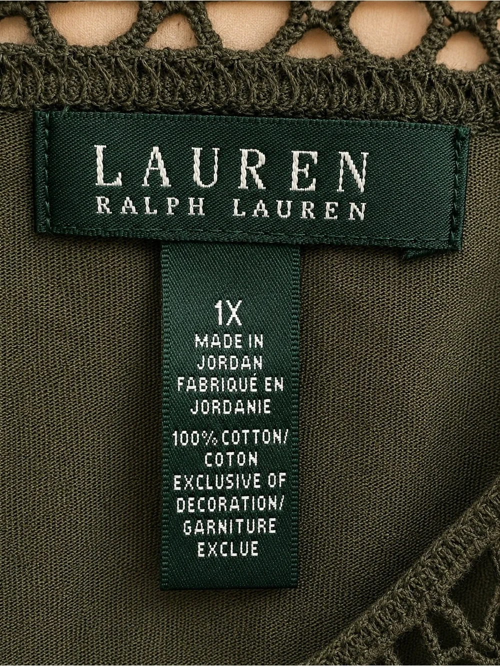 Lauren Ralph Lauren 1X Olive Green Crochet Lace Tank Top 100% Cotton